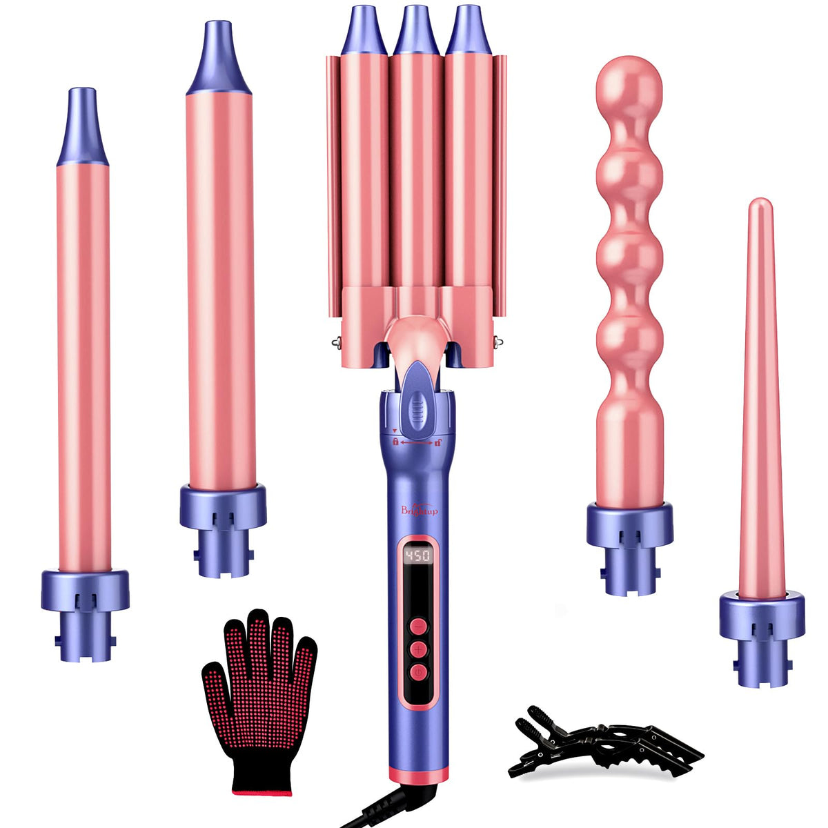 Brightup PRO 5-in-1 wand with LCD display for precise heat control and styling versatility.