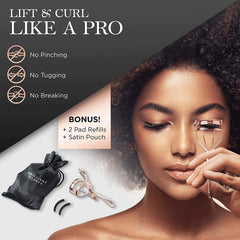 Brilliant Beauty eyelash curler with satin bag for on-the-go touchups.