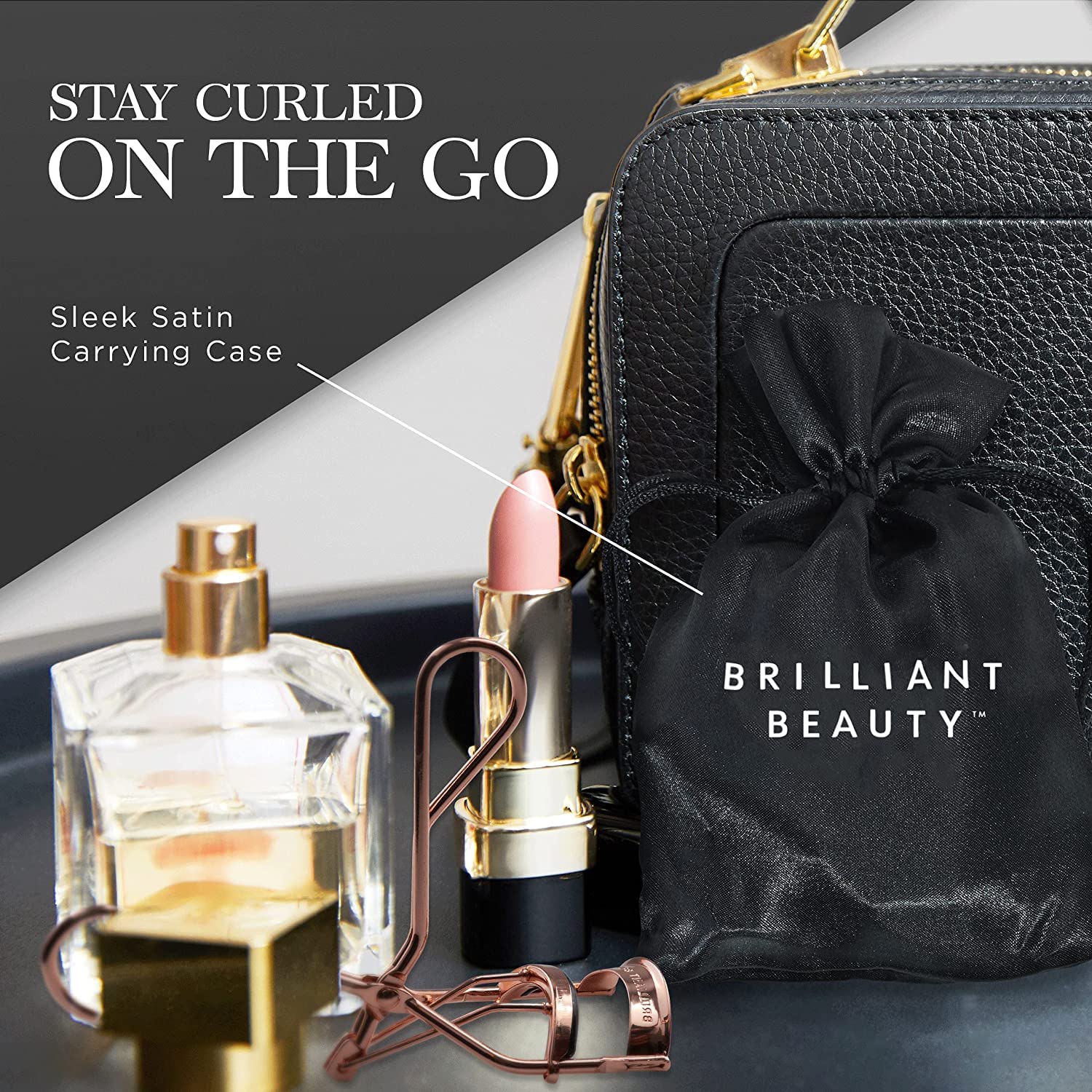Brilliant Beauty travel-friendly curler fits easily in compact satin pouch.