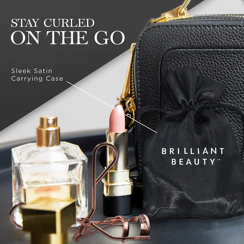 Brilliant Beauty travel-friendly curler fits easily in compact satin pouch.