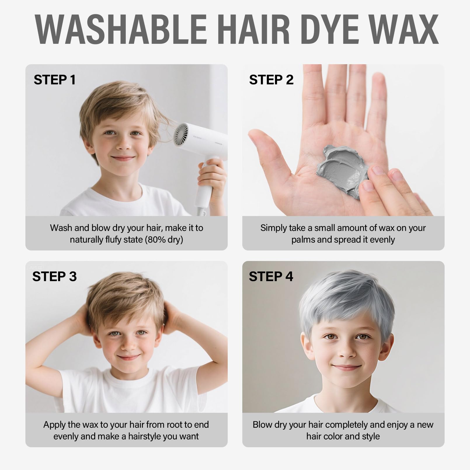 BRIMFULITE Silver Hair Wax on kids' hair ready for school or cosplay.