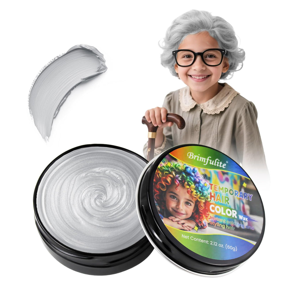 BRIMFULITE Silver Hair Wax packaging shows kid-friendly, washable color for easy use.
