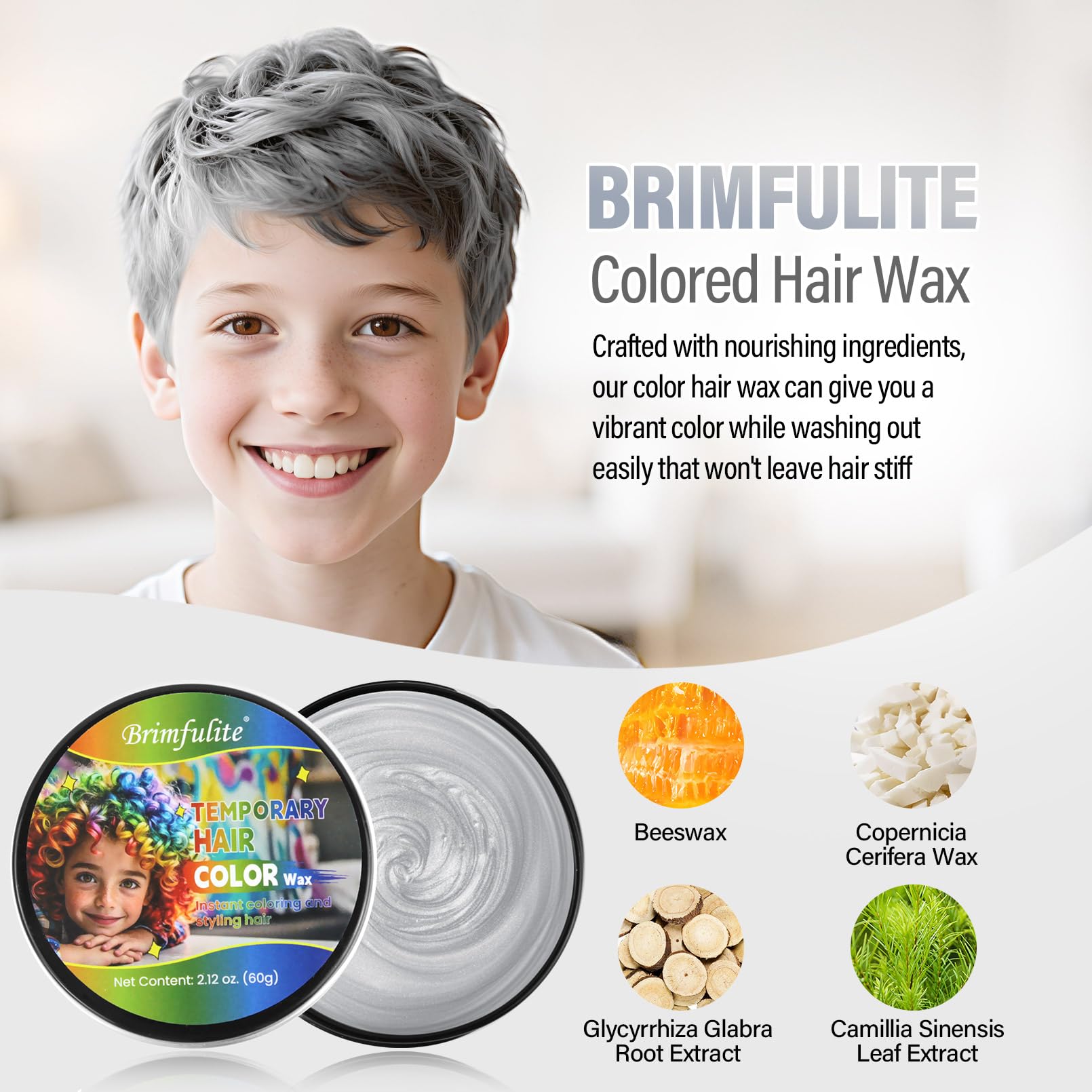 BRIMFULITE Silver Hair Wax swatch shows eight vivid color options.