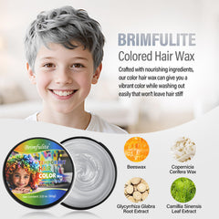 BRIMFULITE Silver Hair Wax swatch shows eight vivid color options.