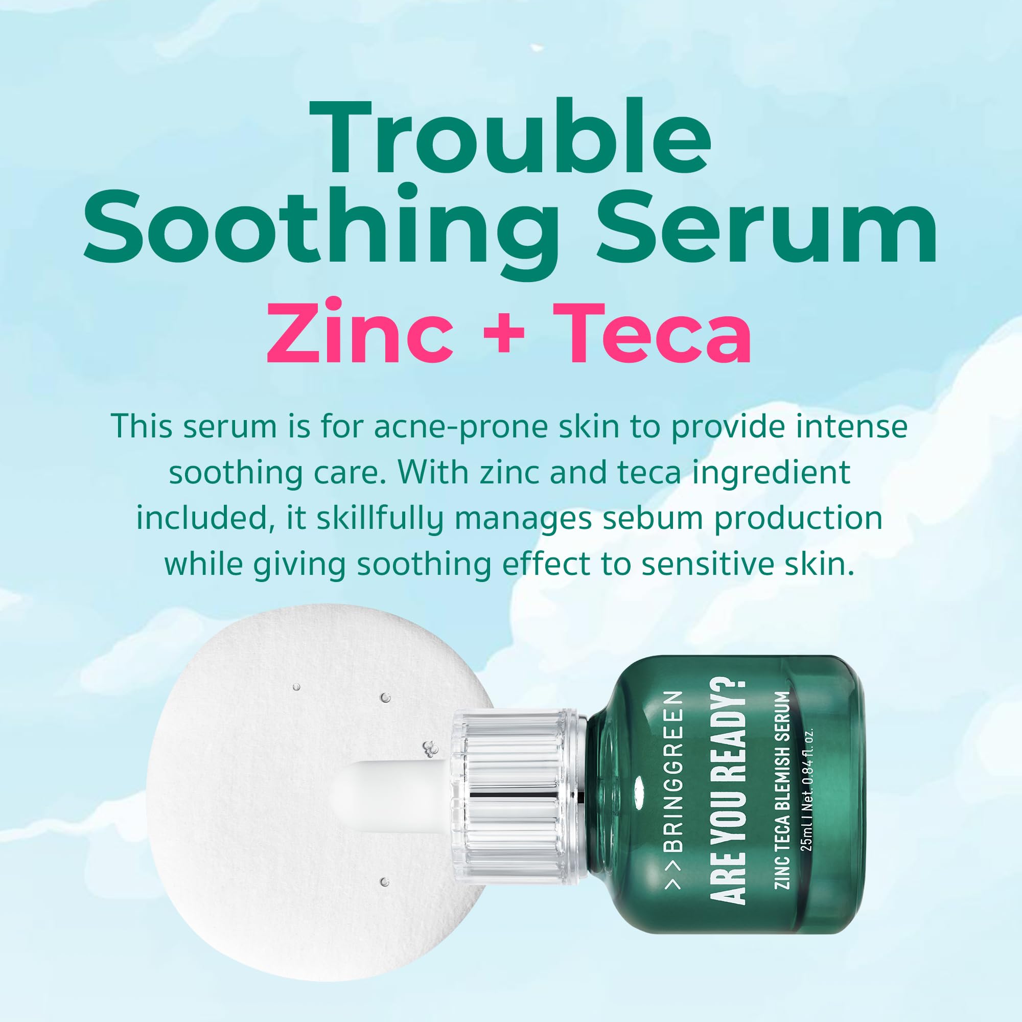 BRING GREEN Zinc Teca Serum aplicación, se absorbe rápido para piel equilibrada