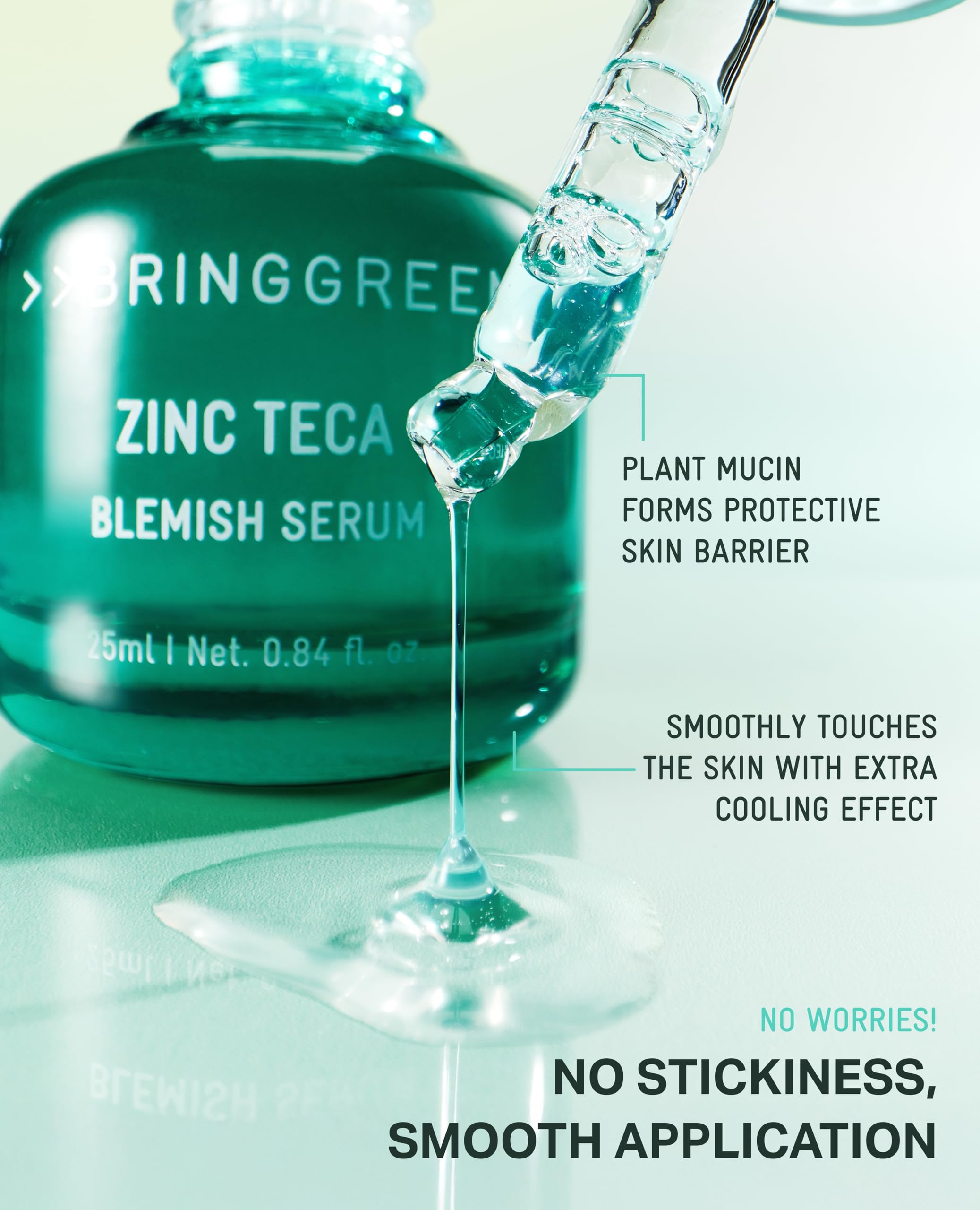 BRING GREEN Zinc Teca Serum shown on bathroom shelf in bright setting.