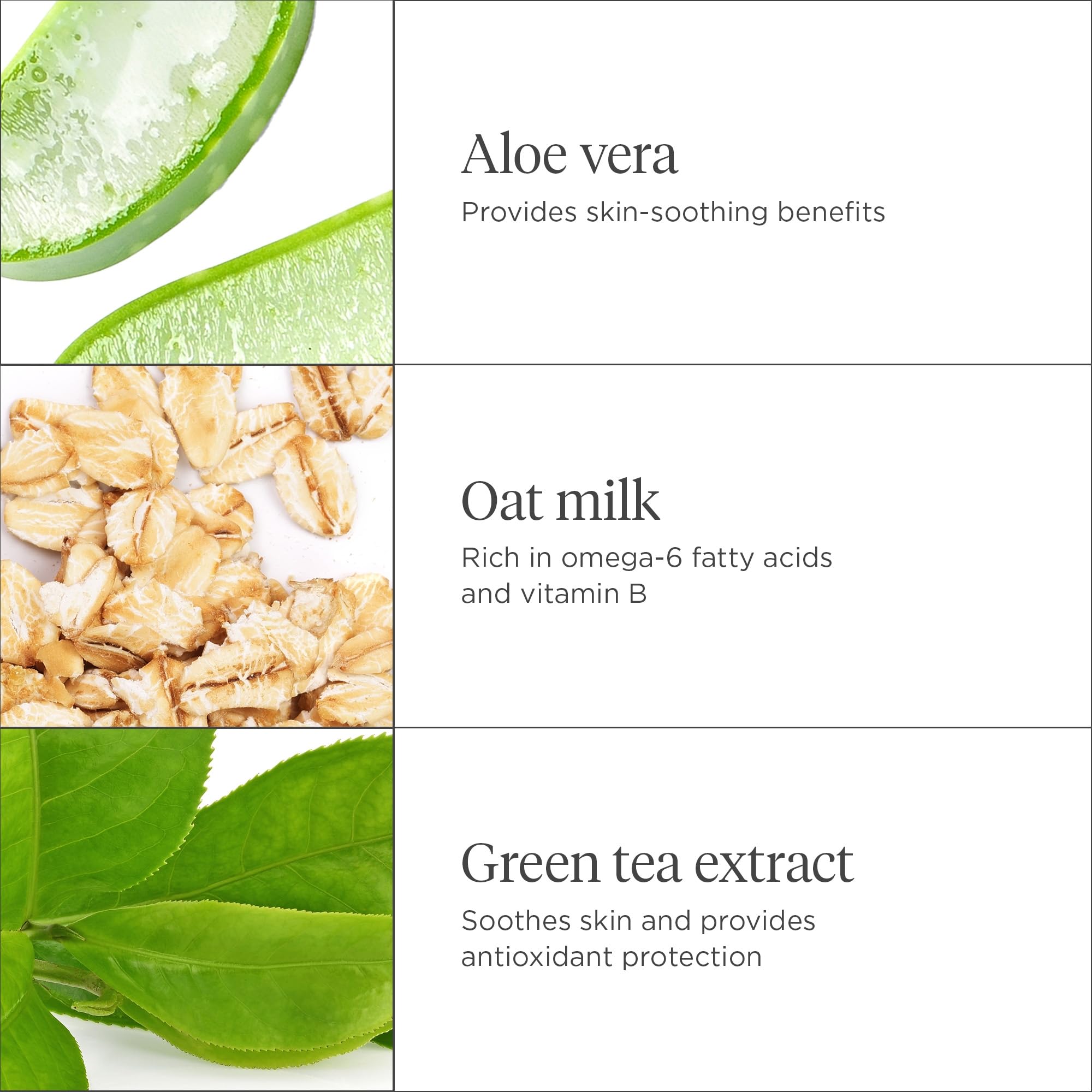 Ingredients panel featuring aloe, oat milk, and green tea for soothing hydration