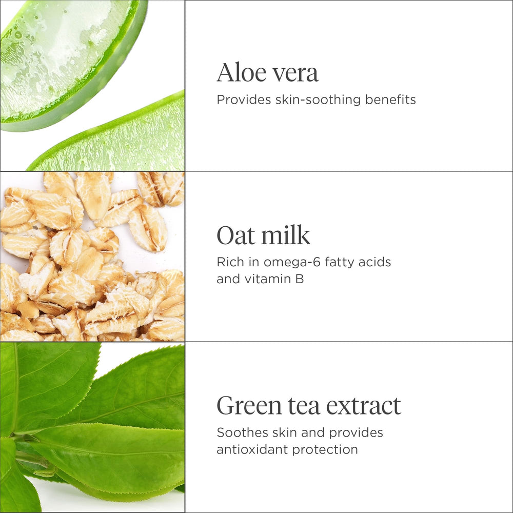 Ingredients panel featuring aloe, oat milk, and green tea for soothing hydration