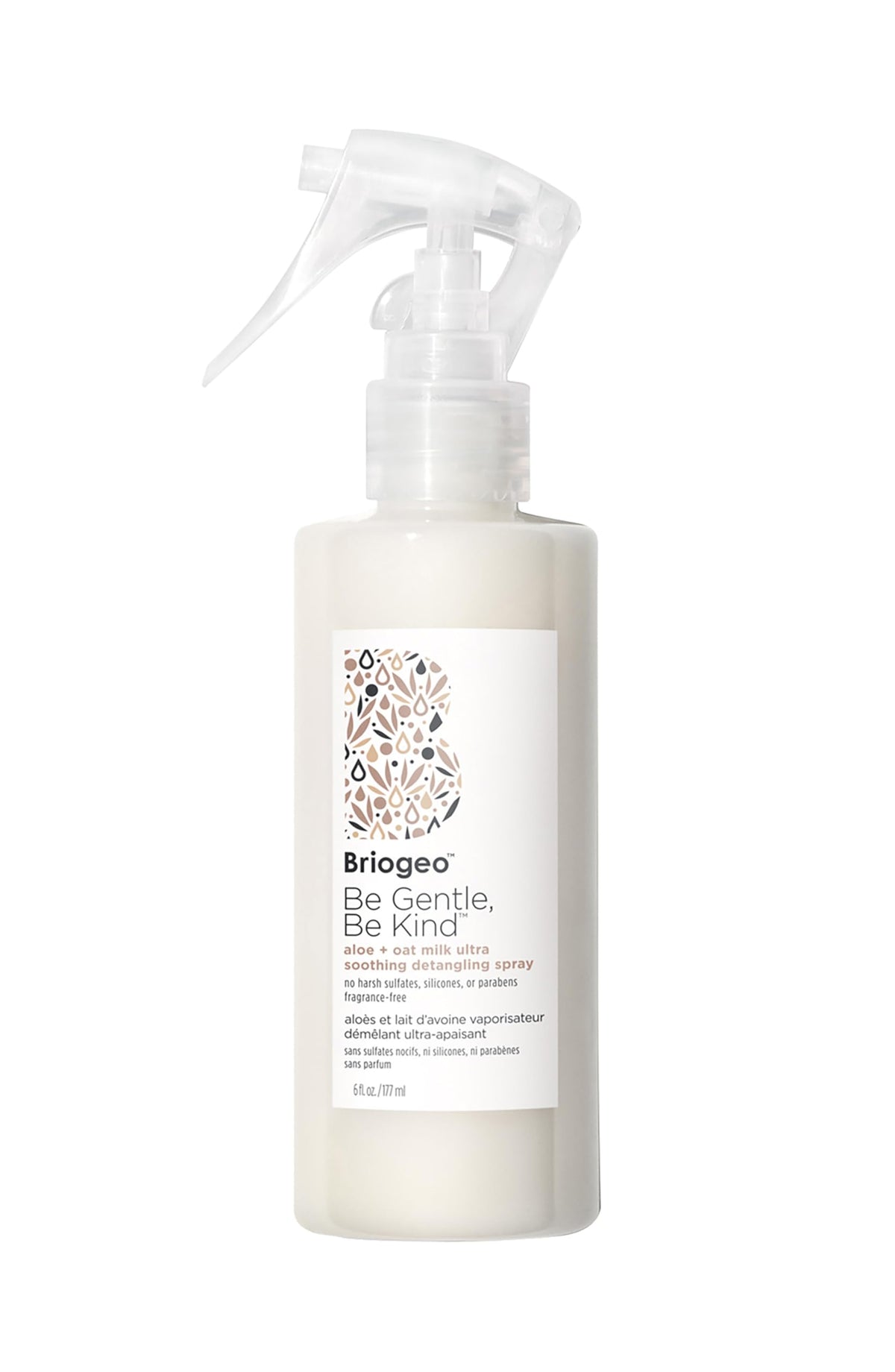 Briogeo Be Gentle Be Kind aloe oat milk spray bottle for soothing detangling.