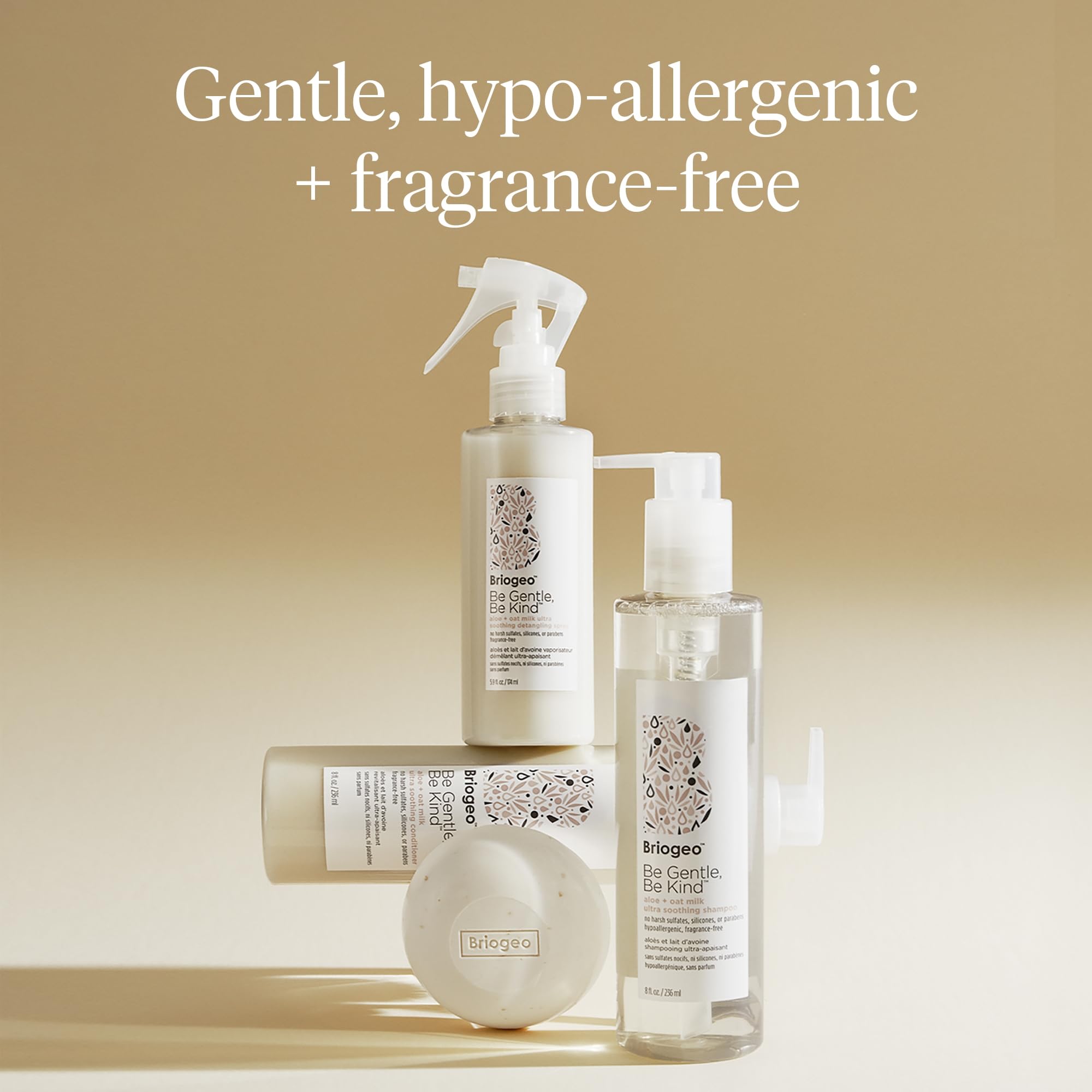 Briogeo Be Gentle Be Kind clinical safety label emphasizing hypoallergenic testing.