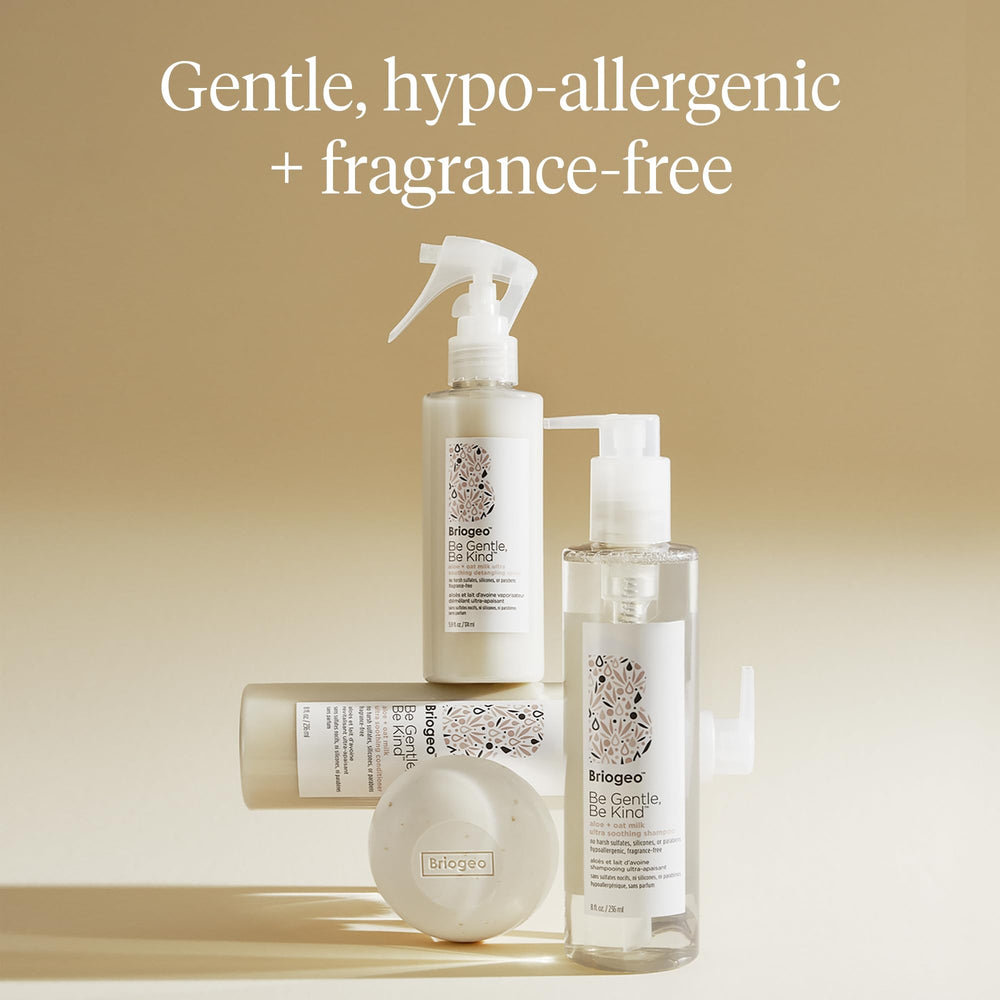 Briogeo Be Gentle Be Kind clinical safety label emphasizing hypoallergenic testing.