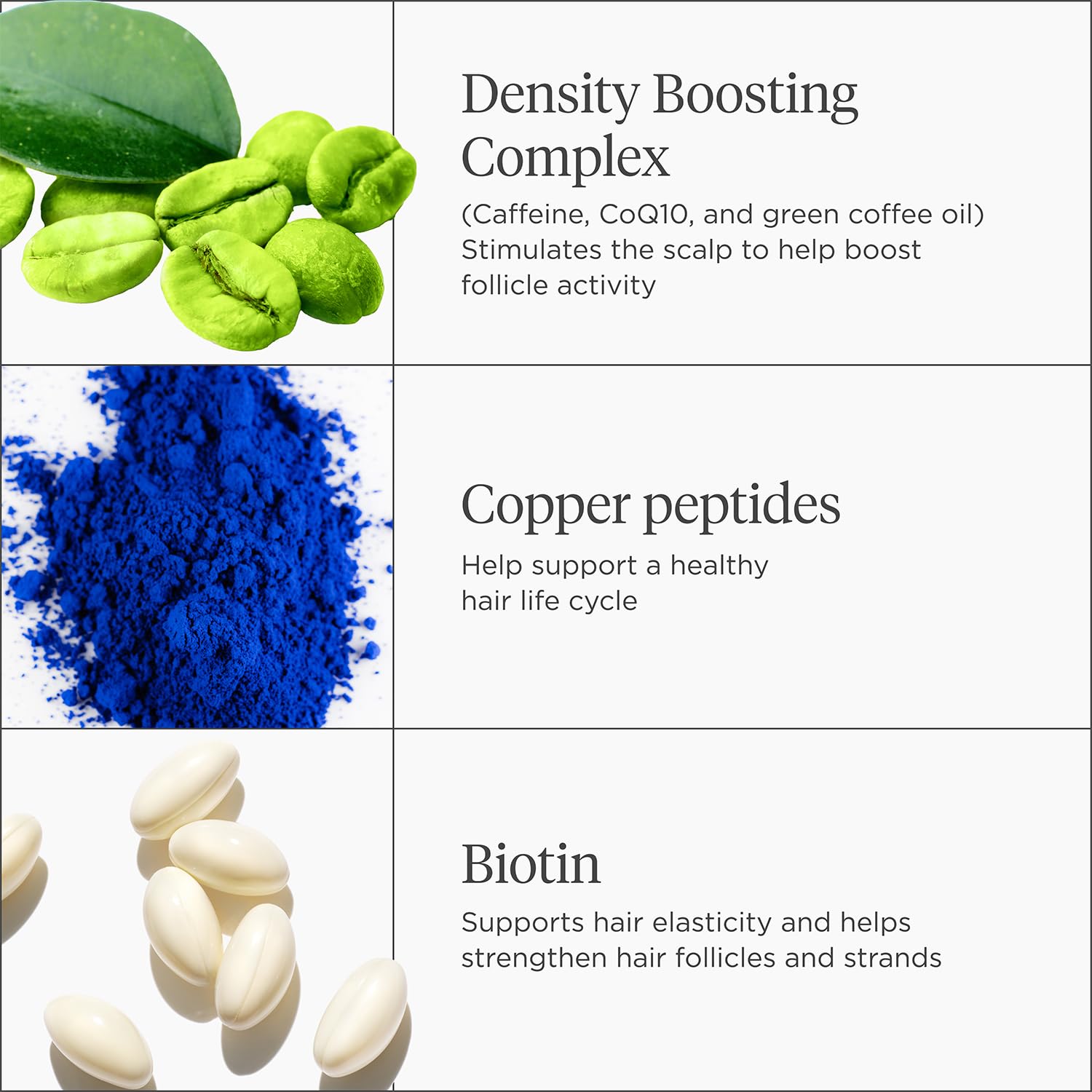 Briogeo Density Serum copper peptide graphic emphasizes hair lifecycle support.