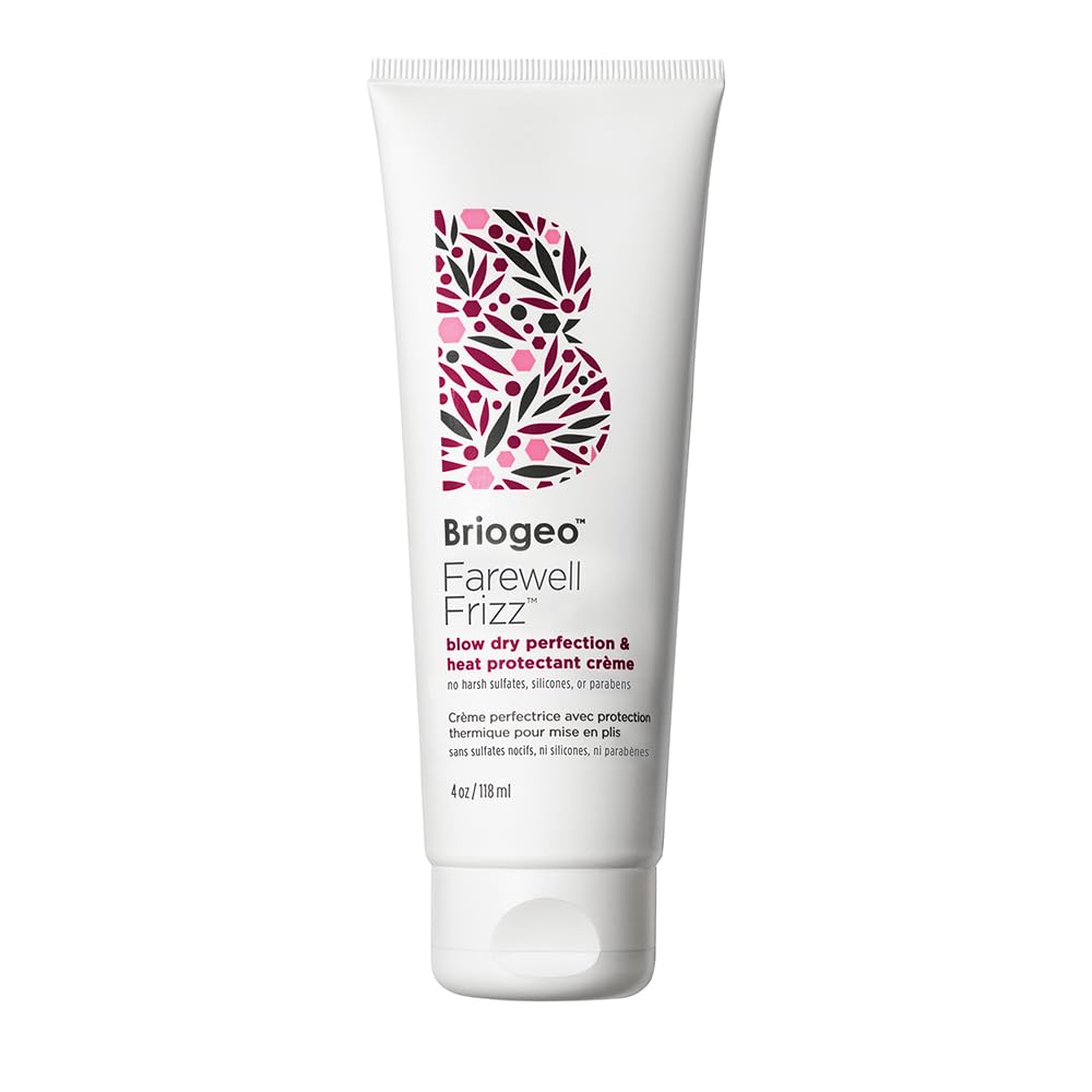Briogeo Farewell Frizz bottle close-up showing silicone-free heat protection.
