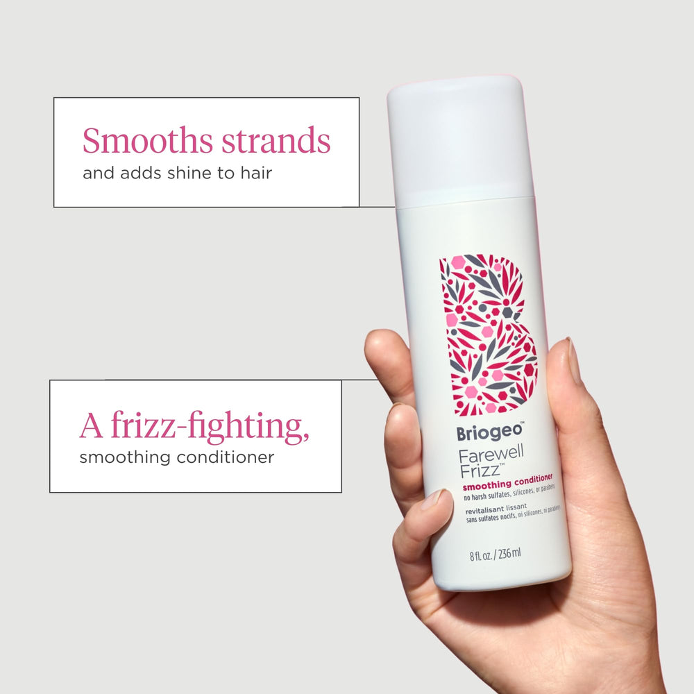 Briogeo Farewell Frizz Conditioner label displays vegan and cruelty-free badge