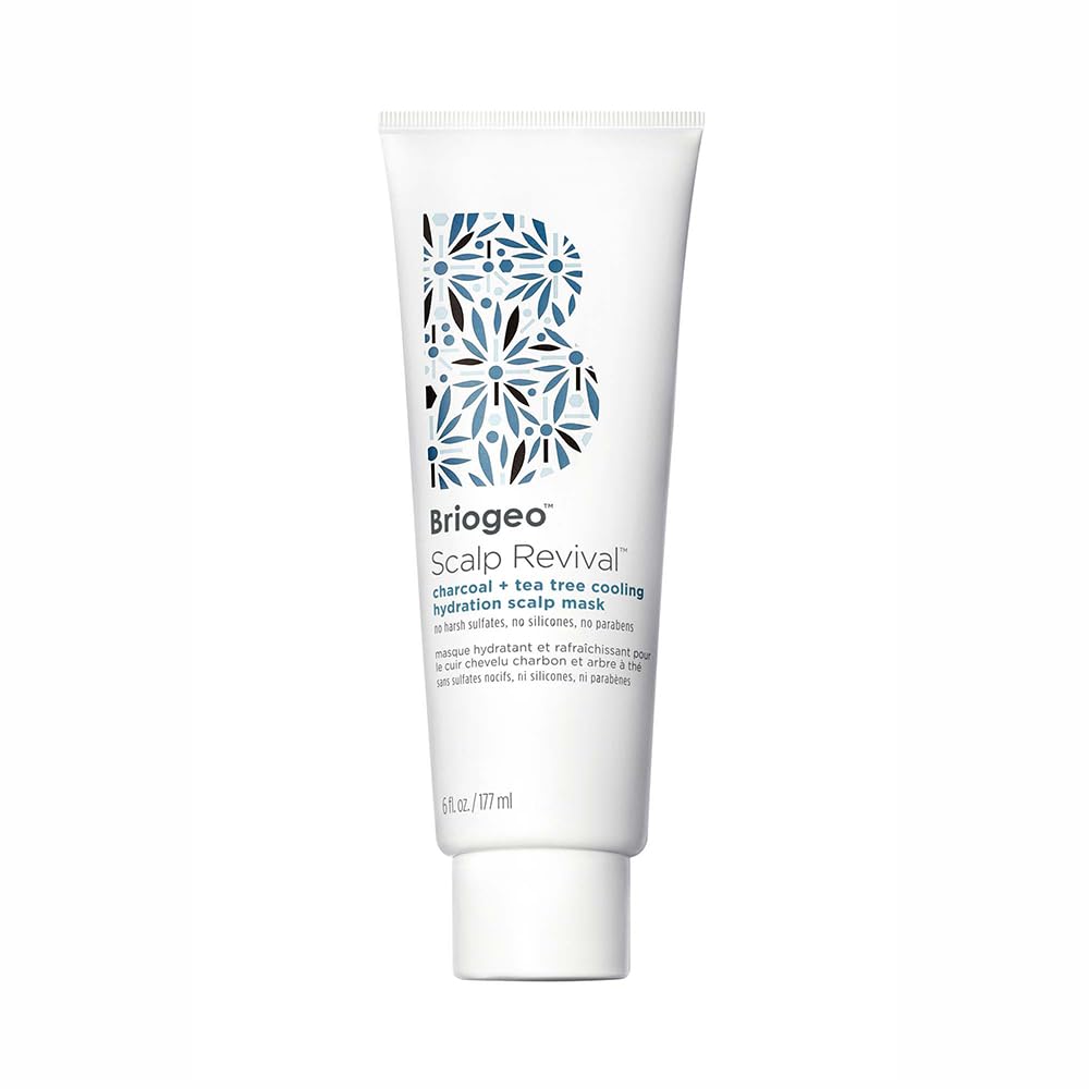 Briogeo Scalp Revival bottle on sink showing detoxifying charcoal and cooling tea tree action