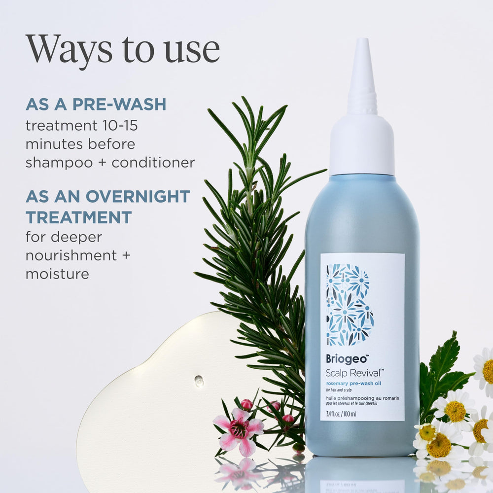 Briogeo Scalp Revival Rosemary Pre-Wash Oil bottle showing shake before use.