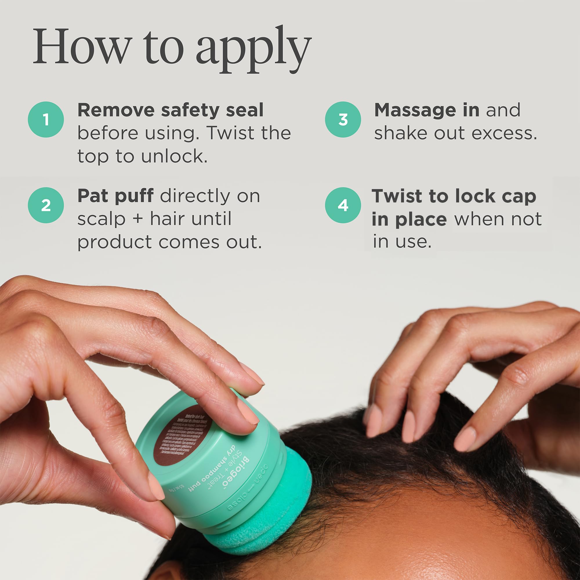 Non-aerosol puff delivers mess-free dry shampoo application.