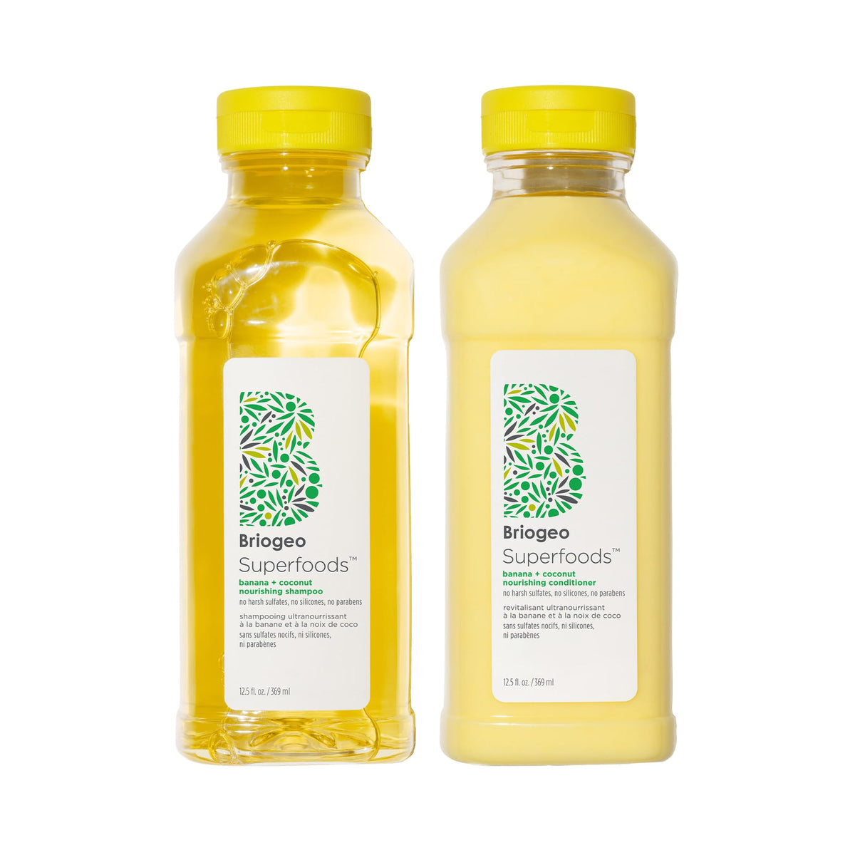 Briogeo Superfoods banana-coconut shampoo bottle promoting daily hydration for dry hair.