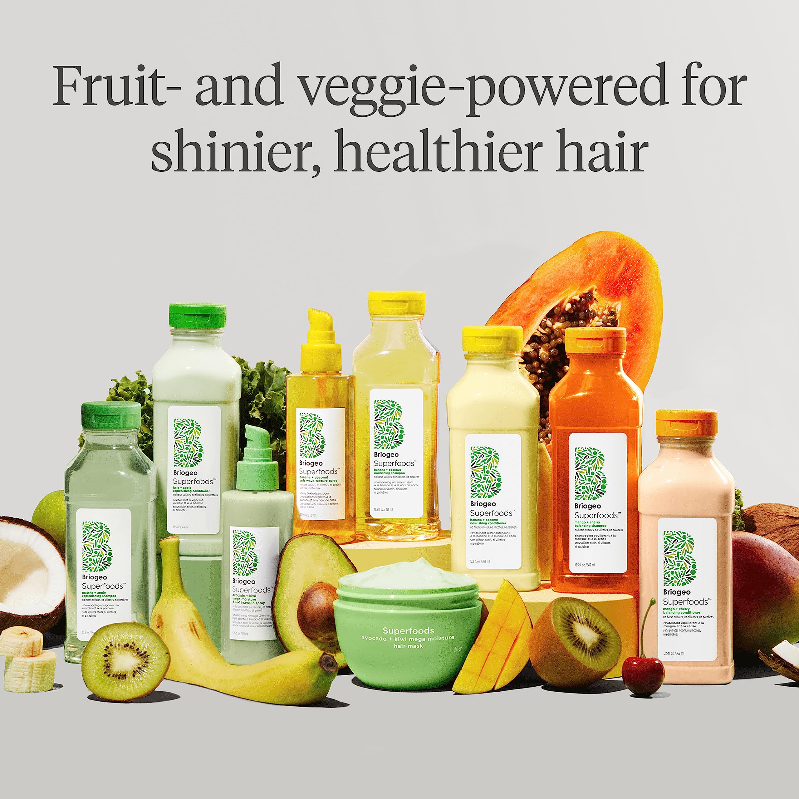 Briogeo mango-acai fruits closeup implies antioxidant protection for hair.