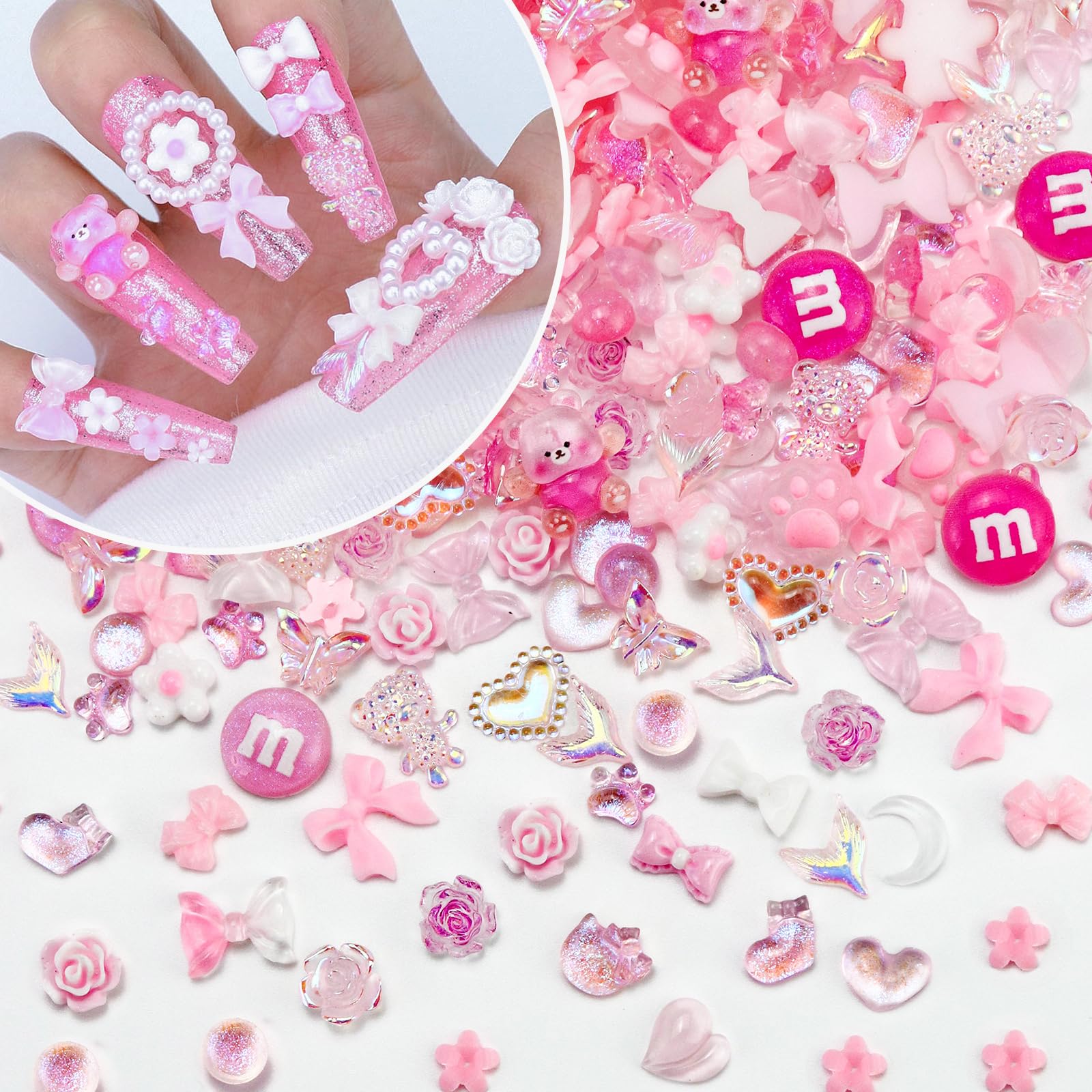 Briskbloom adornos 3D corazones rosas para uñas, ideal para decorar con brillo.