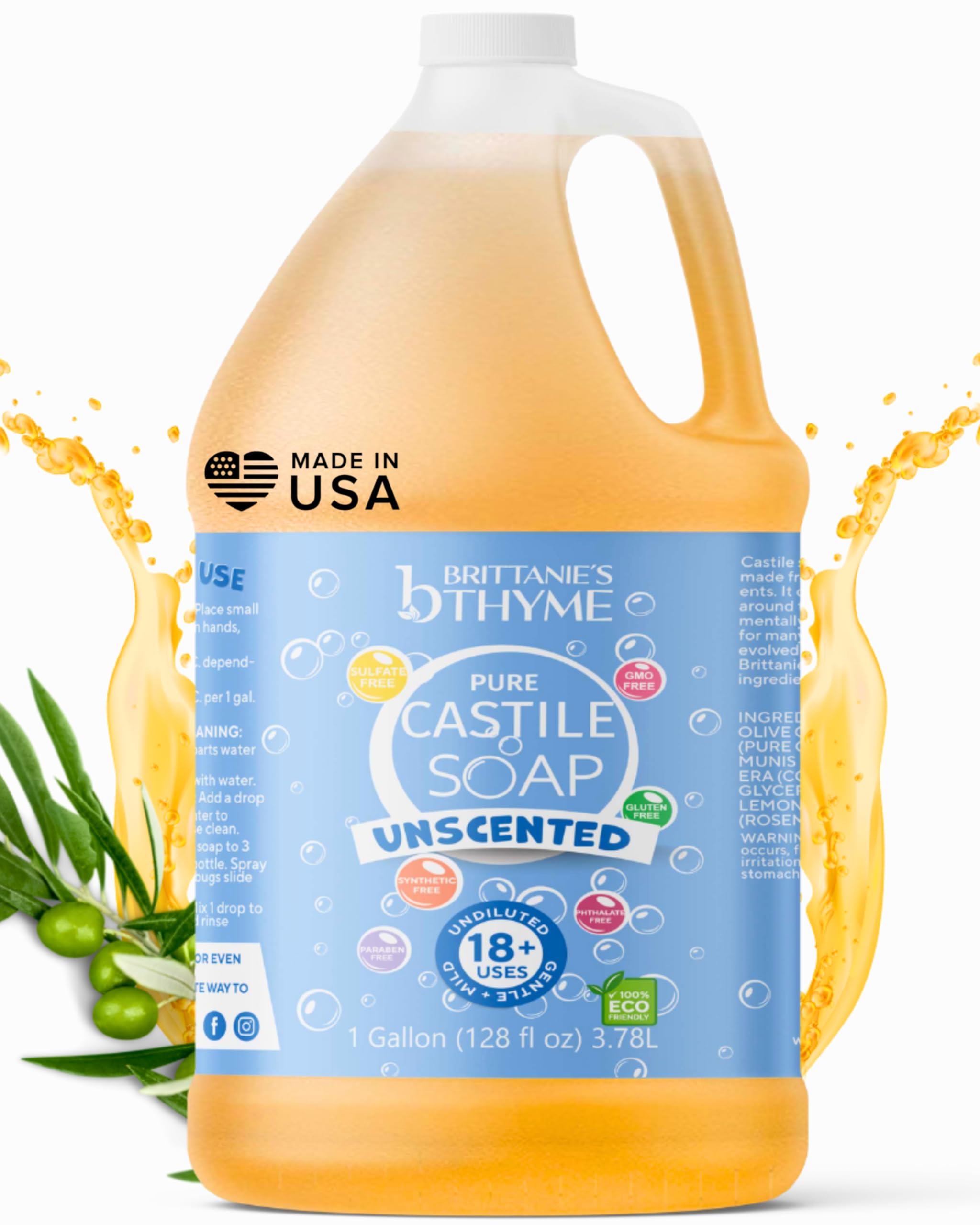 Brittanie's Thyme Castile soap refill 1 gal bottle for versatile home and body use.