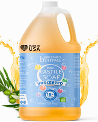 Brittanie's Thyme Castile soap refill 1 gal bottle for versatile home and body use.