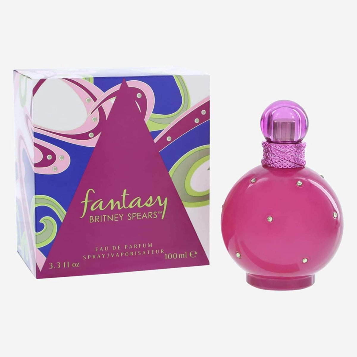 Britney Spears Fantasy bottle shot highlights sparkling pink packaging and feminine design.