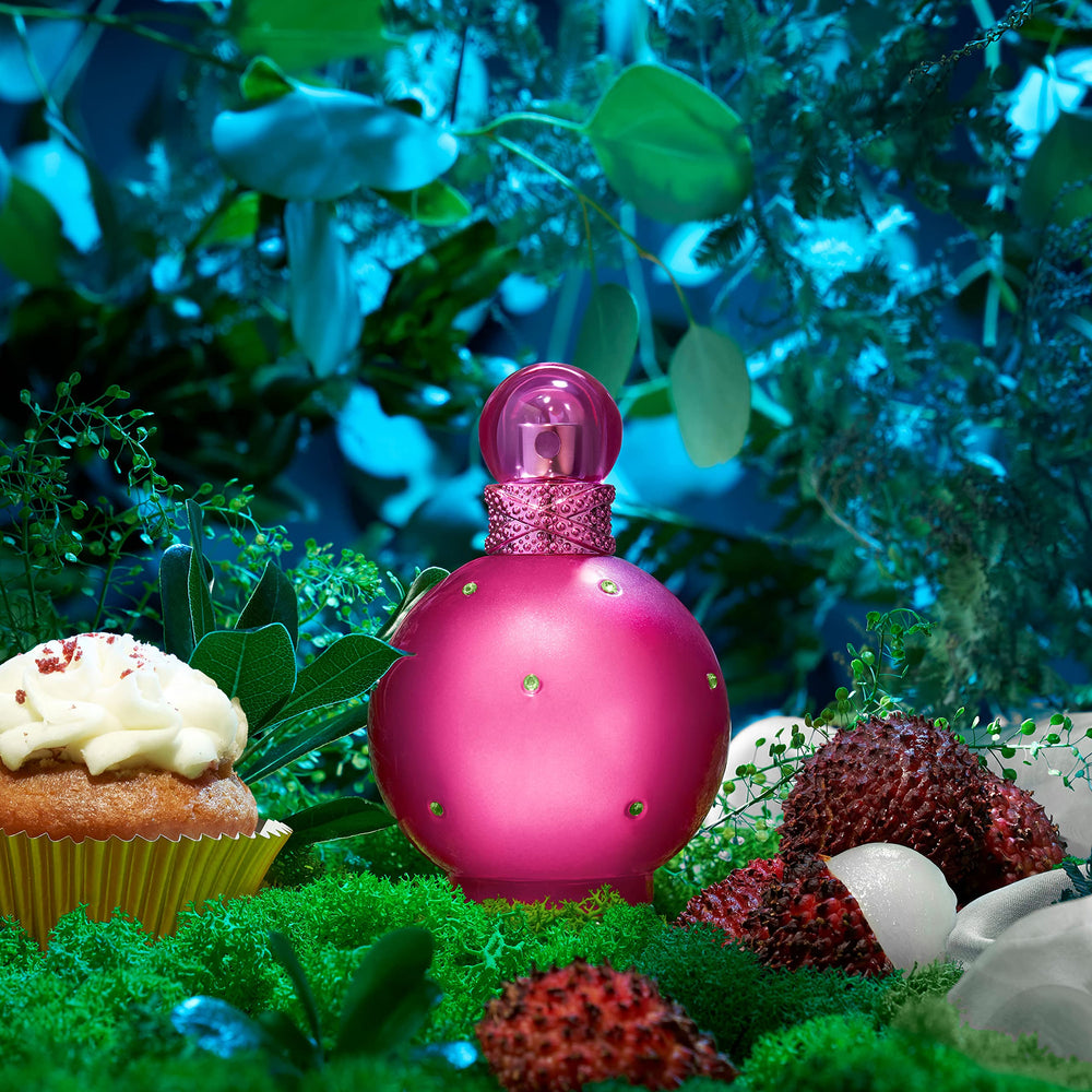 Britney Spears Fantasy pink bottle artwork emphasizes brand playful style.
