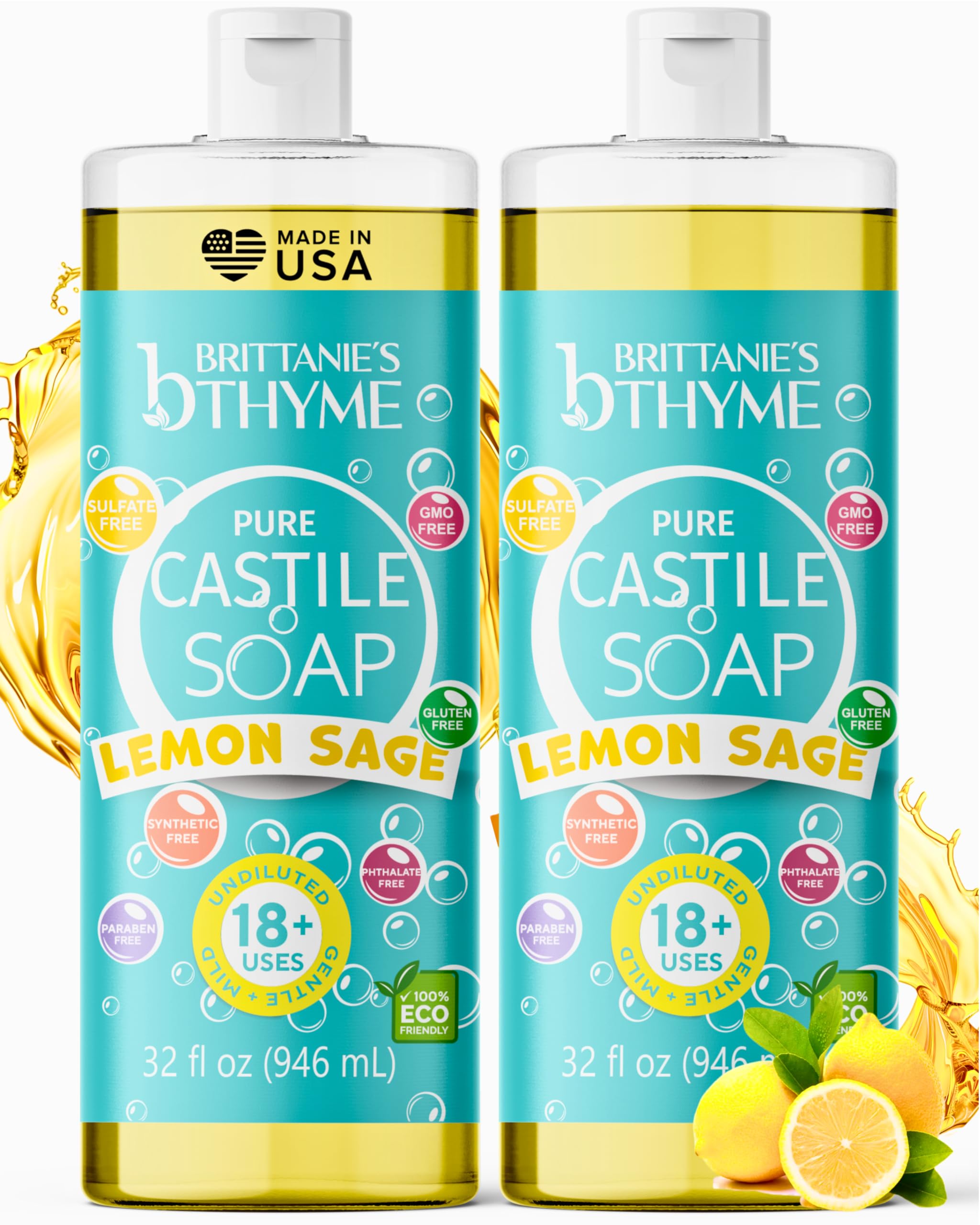 Brittanie's Thyme Jabón Castile limón-salvia, botella 32oz para uso múltiple