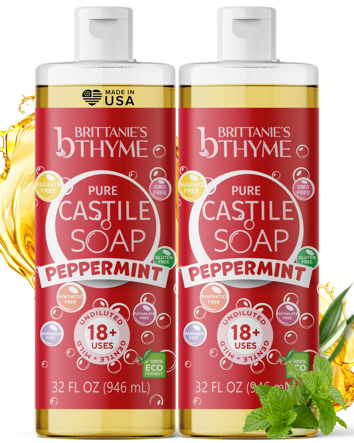 Jabón Castile Menta Brittanie's Thyme; botella-32oz para uso diario en piel.