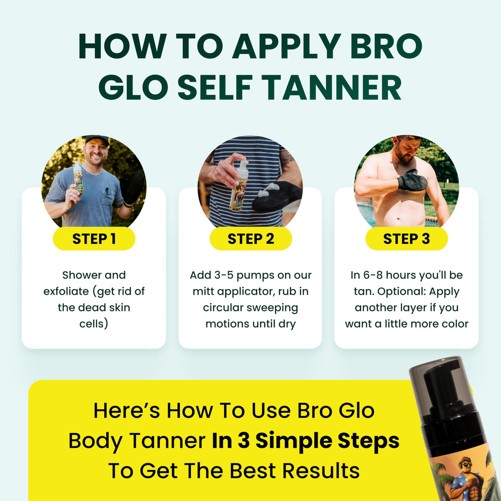 Bro Glo self-tanner body application gives even coverage without staining.