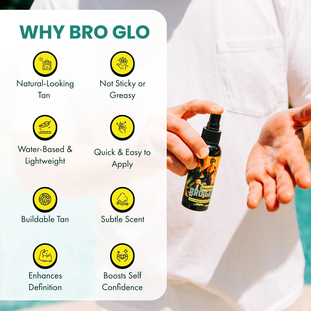 Bro Glo natural glow on the face with a subtle bronze finish.