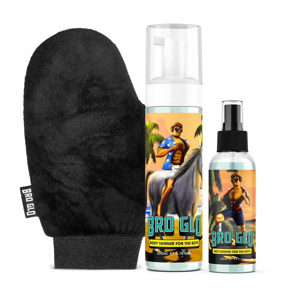 Bro Glo Starter Bundle with mitt delivers easy, streak-free application for face and body daily.