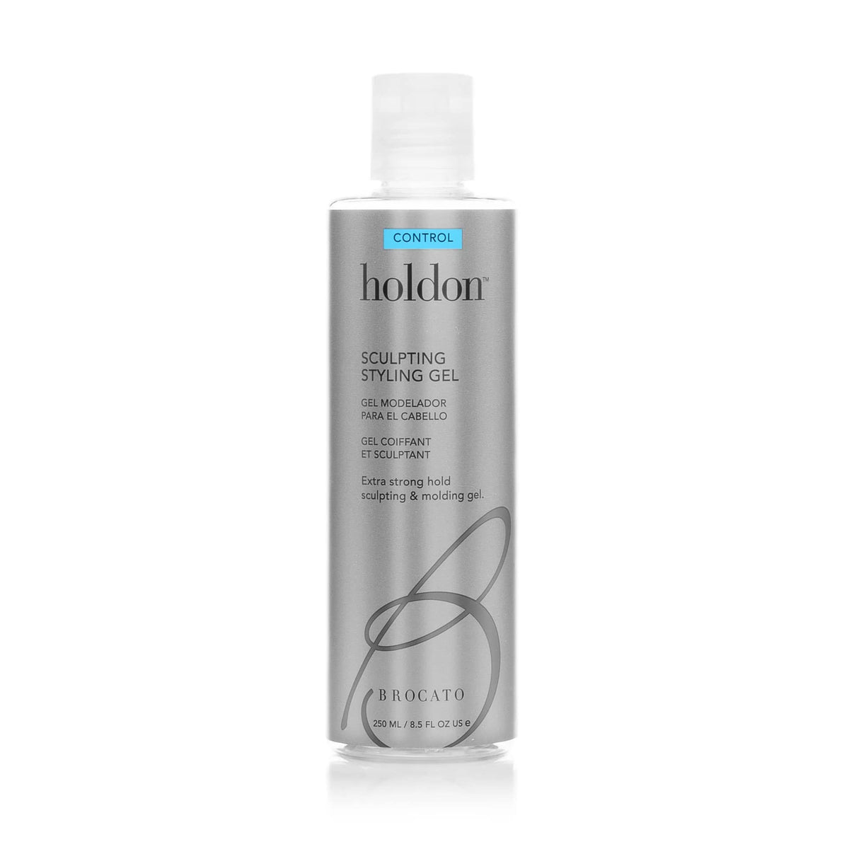 Brocato Holdon gel bottle offers strong hold for all hair types, ideal for sculpting lasting shapes.