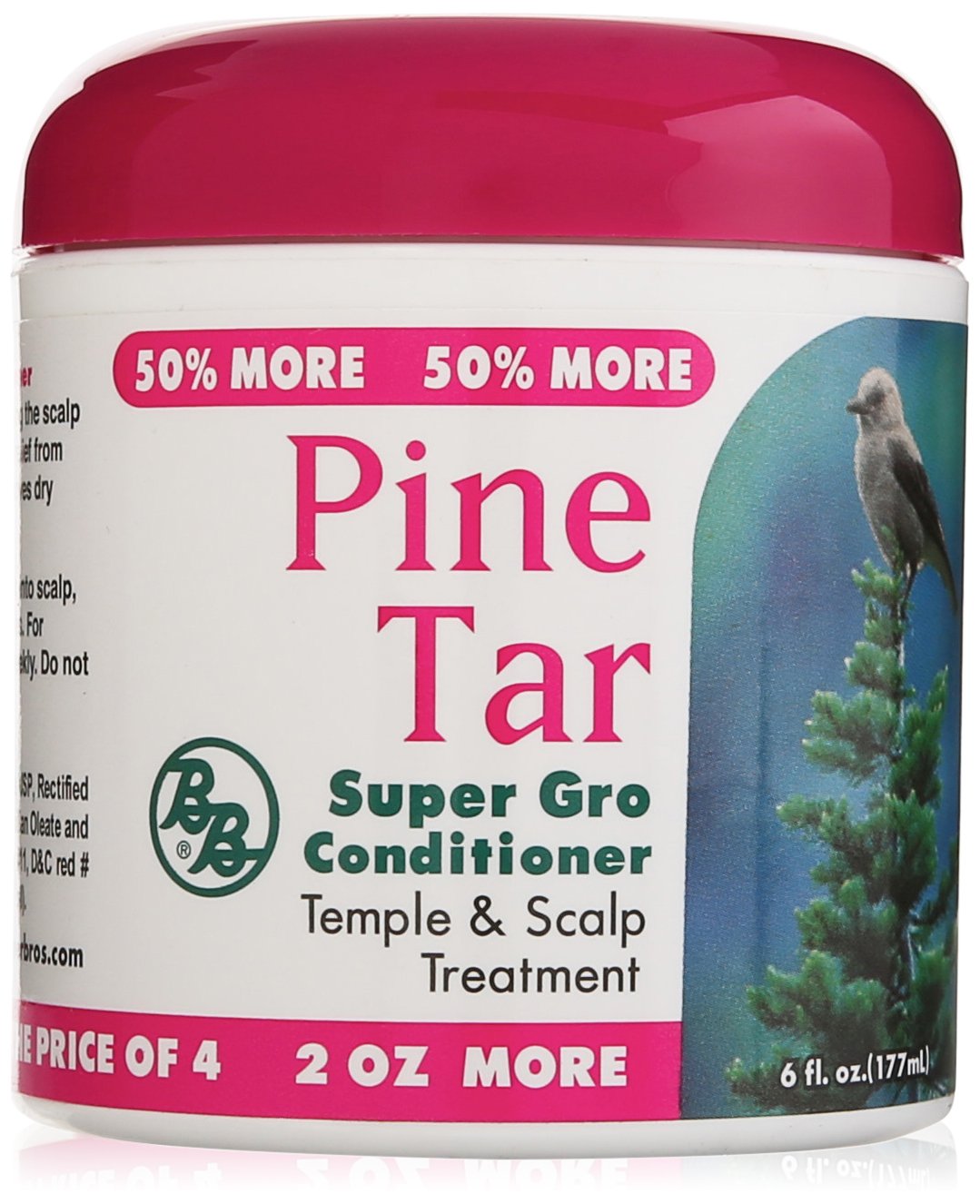Bronner Bros Pine Tar Super Gro bottle shown for scalp conditioning and hair nourishment