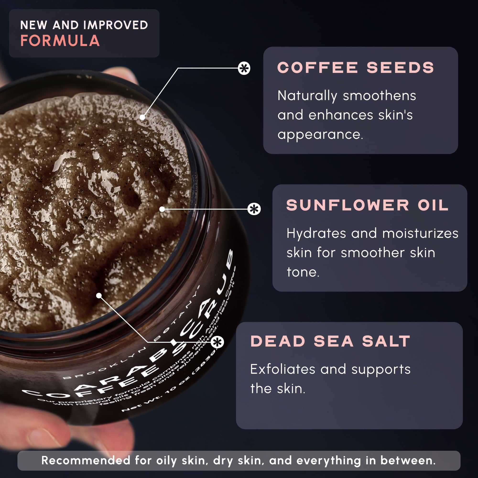 Brooklyn Botany Arabica Coffee Body Scrub ingredients bottle highlights oils for nourishment.