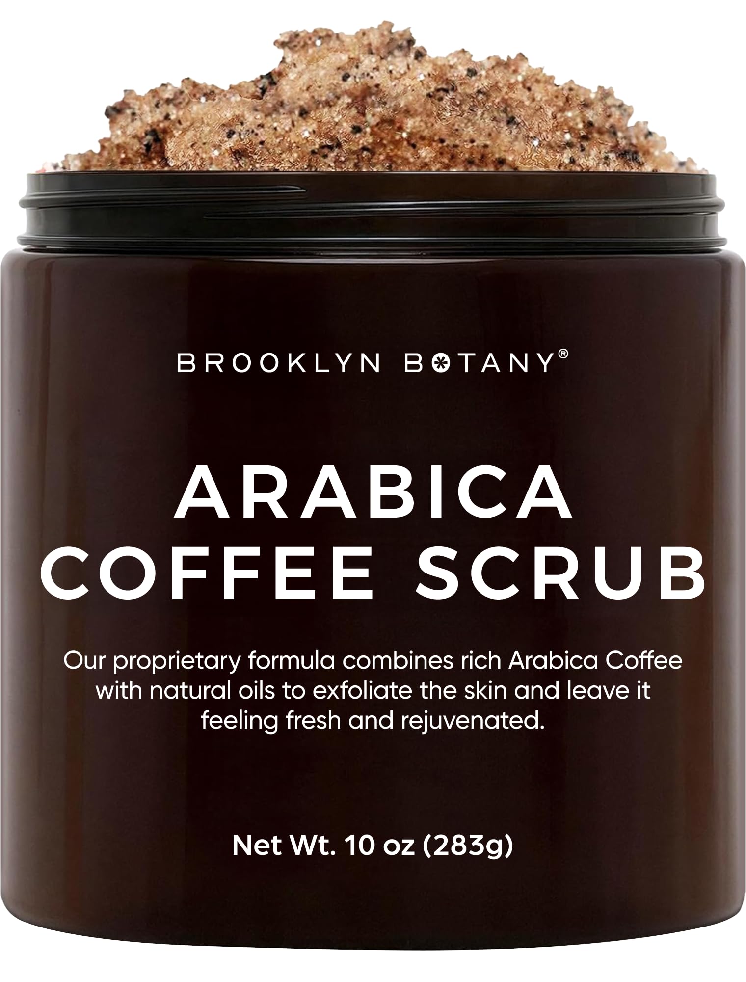 Brooklyn Botany Arabica Coffee Body Scrub packaging highlights premium exfoliation.