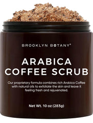 Brooklyn Botany Arabica Coffee Body Scrub packaging highlights premium exfoliation.
