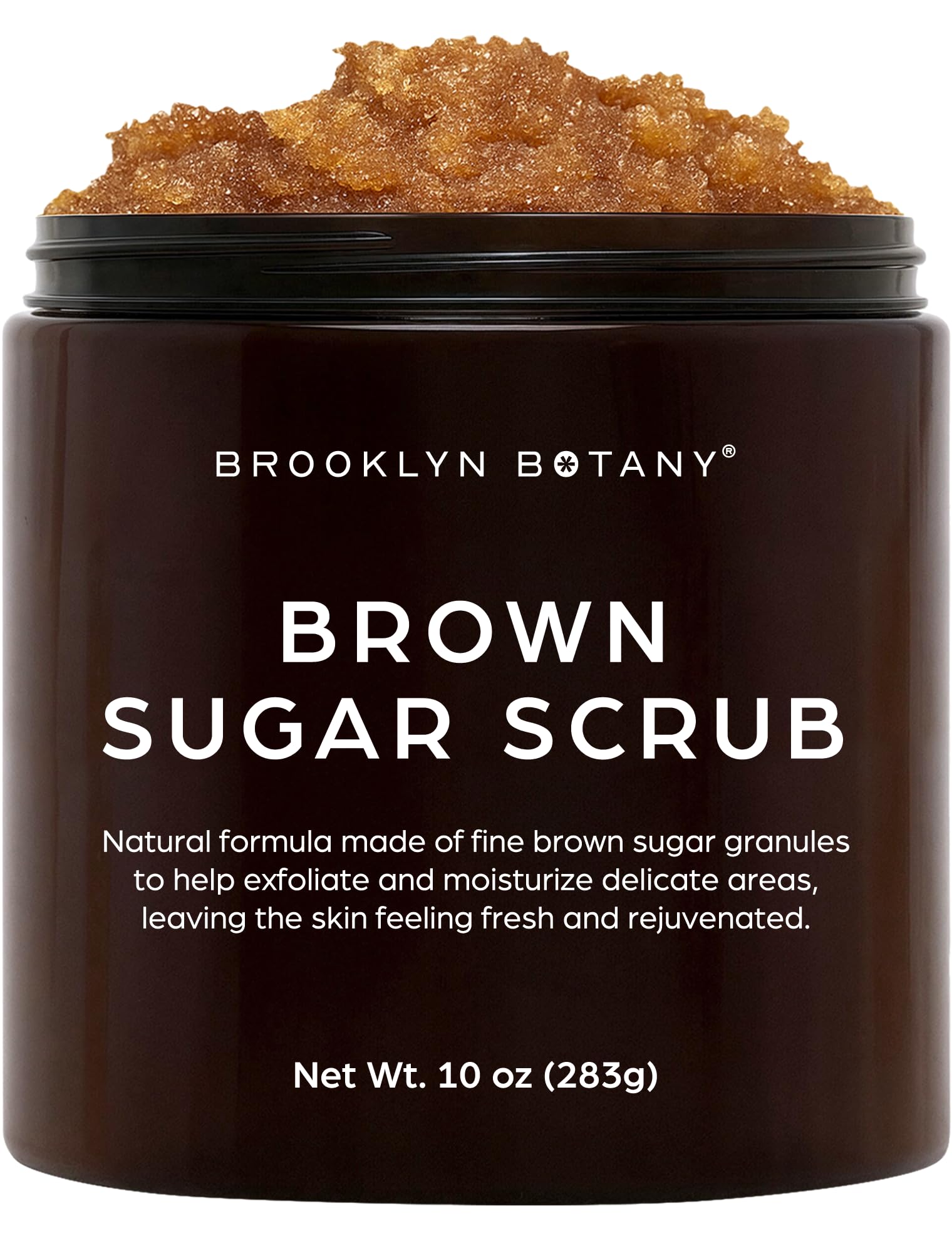 Brooklyn Botany Brown Sugar Scrub jar close-up showing exfoliating texture for smooth skin