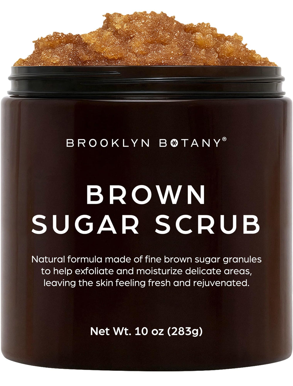 Brooklyn Botany Brown Sugar Scrub jar close-up showing exfoliating texture for smooth skin