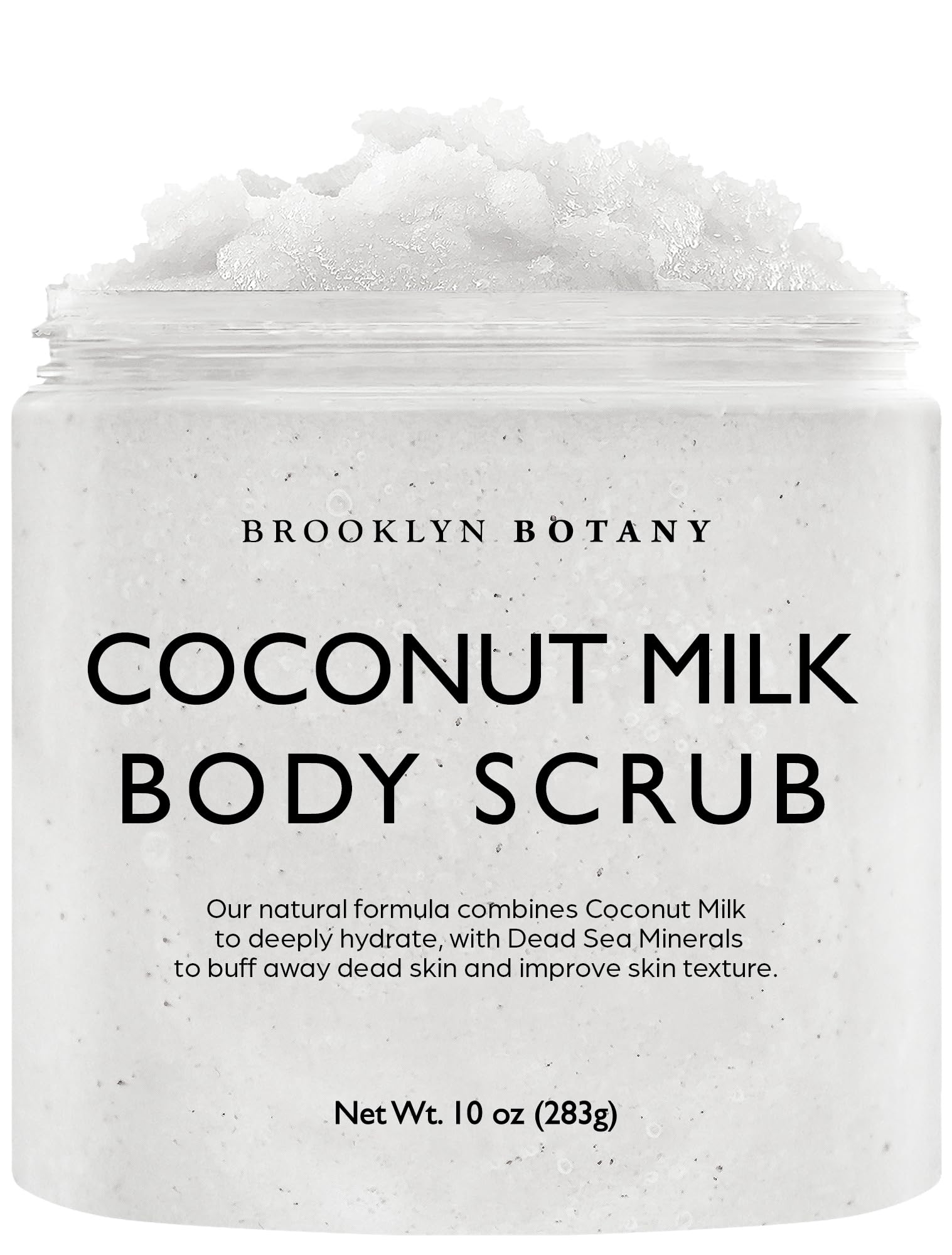 Brooklyn Botany Coconut Milk Body Scrub jar close-up showing moisturizing texture for hydrated skin.