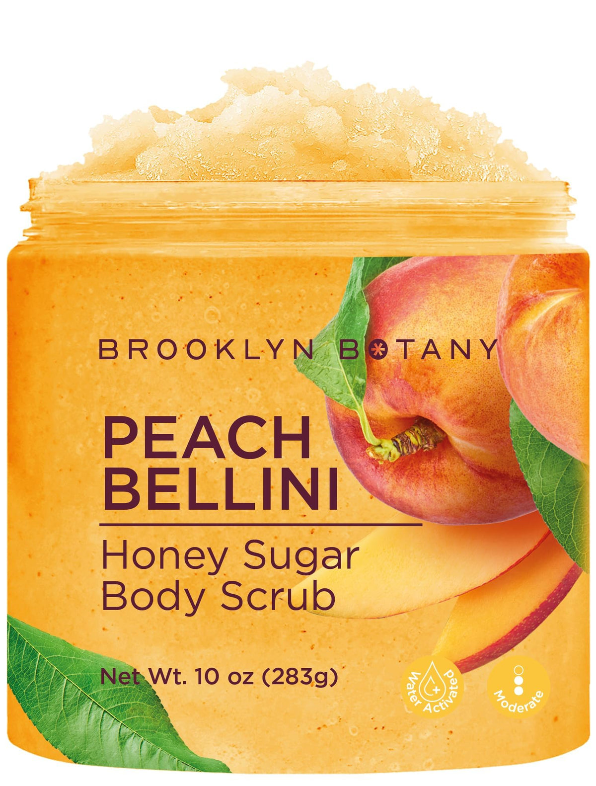 Brooklyn Botany Peach Bellini exfoliante cuerpo con azúcar y miel para piel suave.
