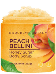 Brooklyn Botany Peach Bellini exfoliante cuerpo con azúcar y miel para piel suave.