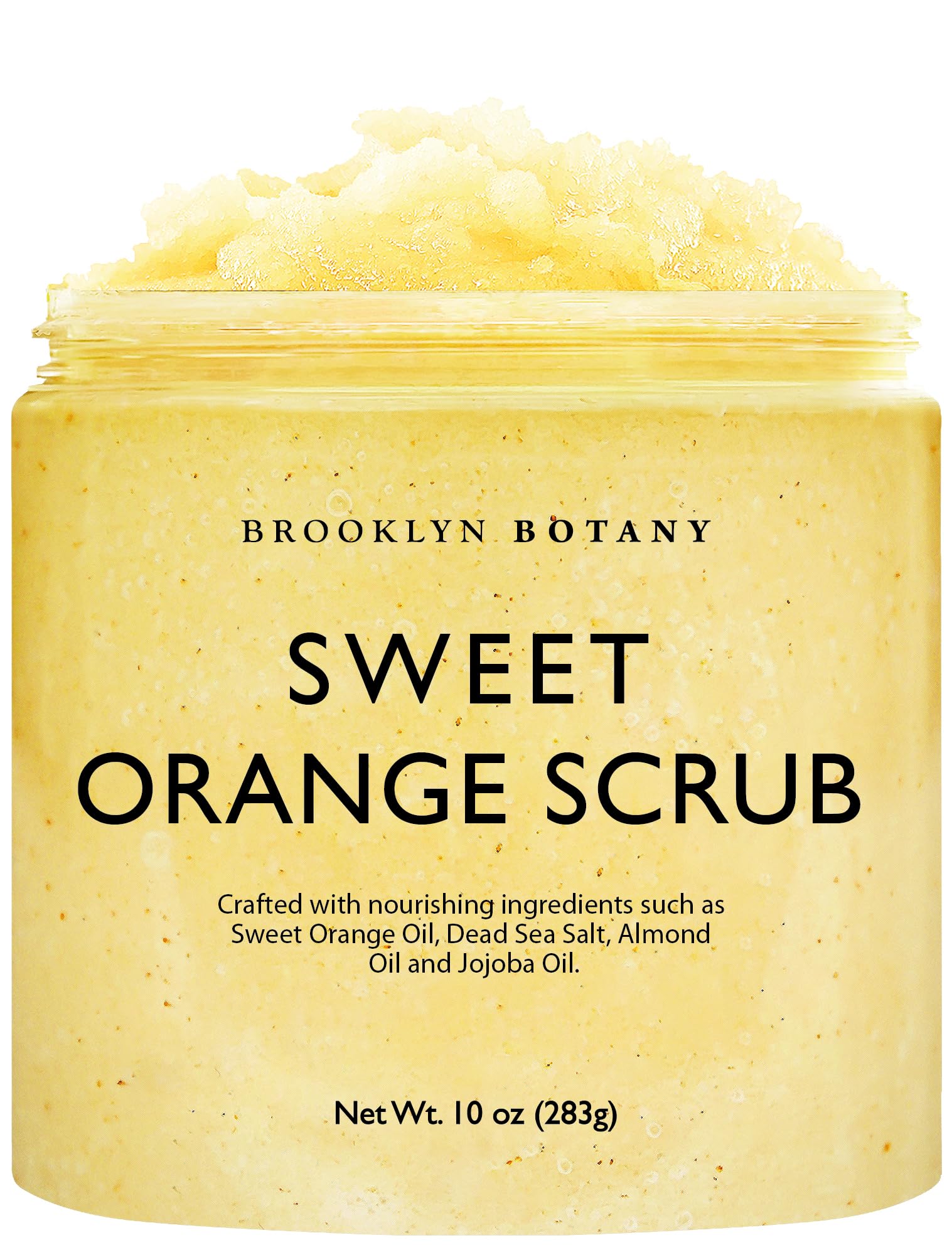 Brooklyn Botany Sweet Orange Body Scrub bottle highlights vibrant packaging for gifting and daily exfoliation.