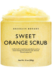 Brooklyn Botany Sweet Orange Body Scrub bottle highlights vibrant packaging for gifting and daily exfoliation.