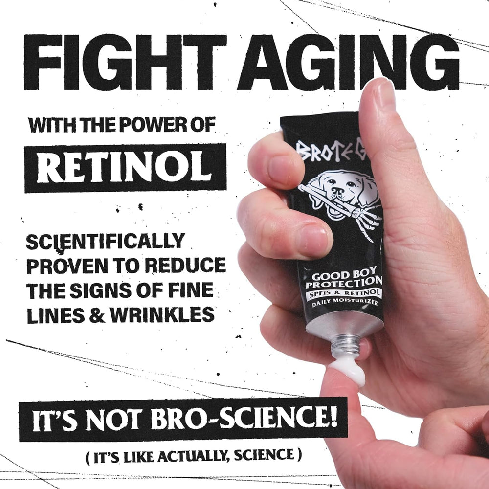 Brotege moisturizer label close-up showing SPF15 and retinol.