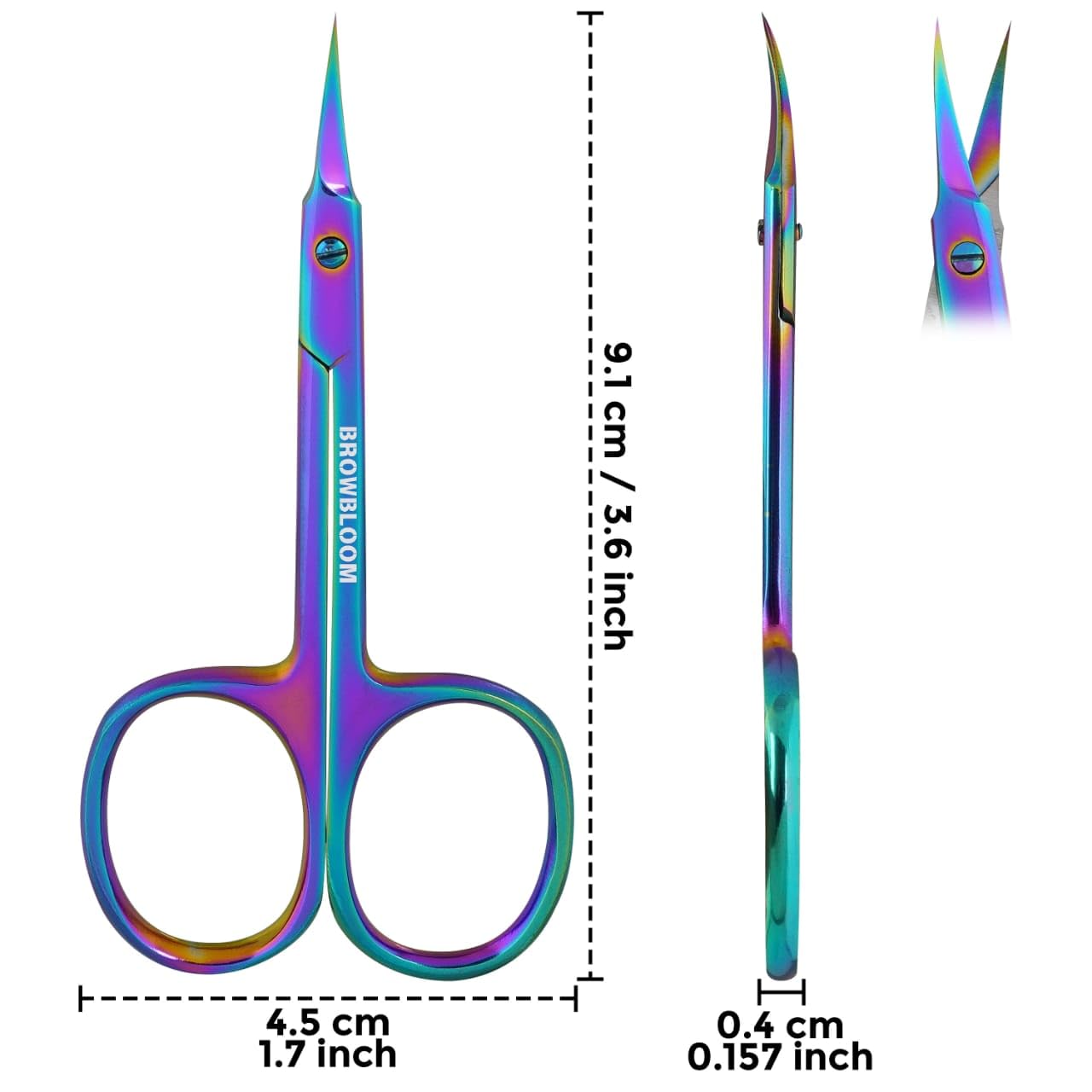 BROWBLOOM curved-blade scissors illustrating precise angle trimming.
