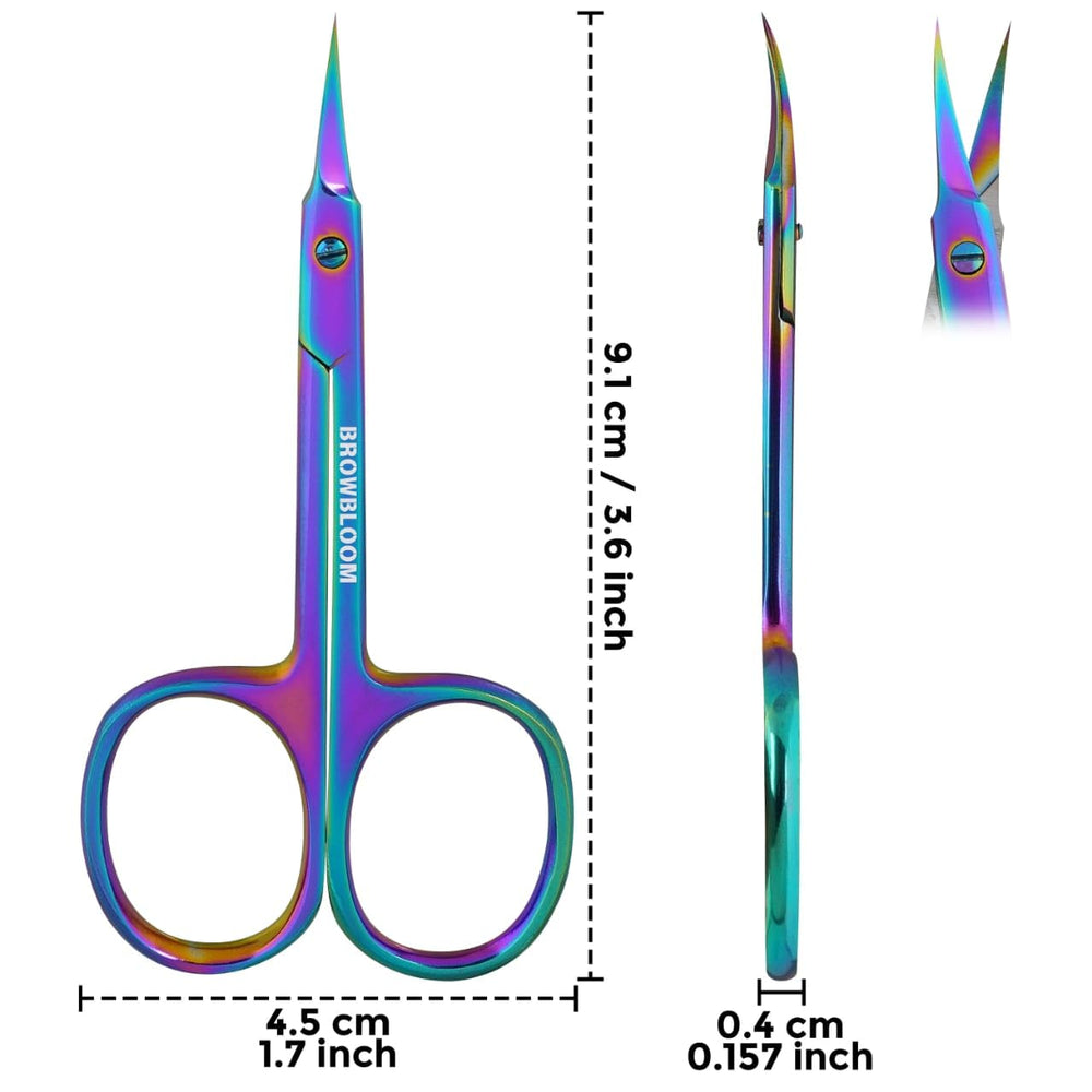 BROWBLOOM curved-blade scissors illustrating precise angle trimming.