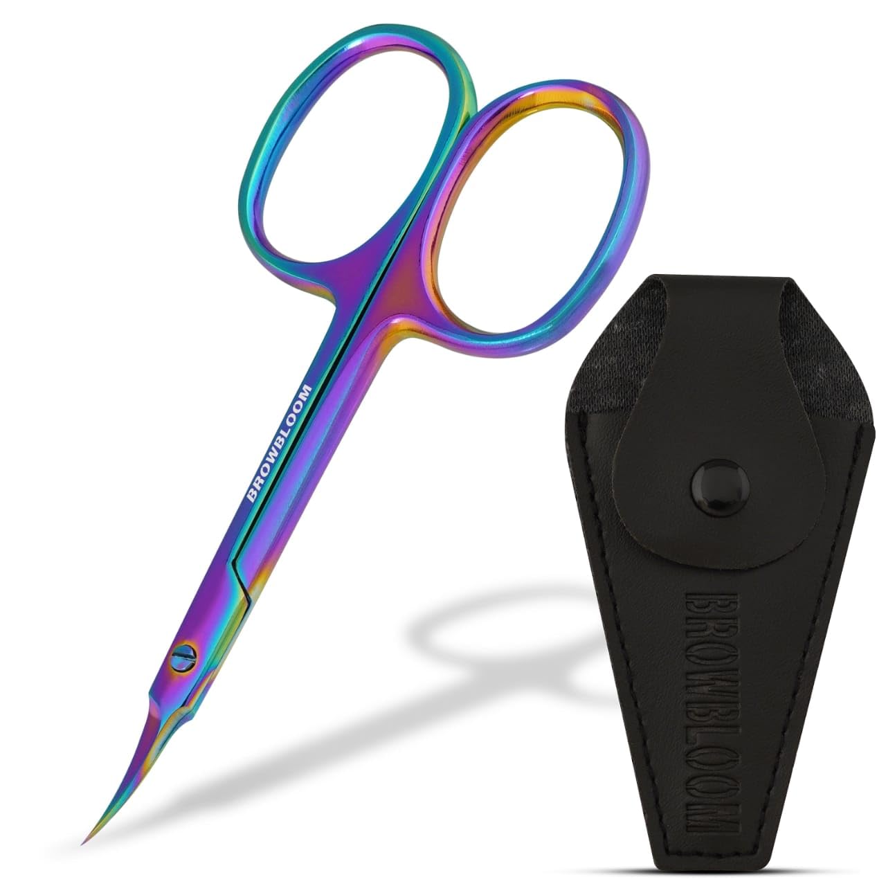BROWBLOOM precision cuticle scissors in multi-color with curved blades for precise trimming.
