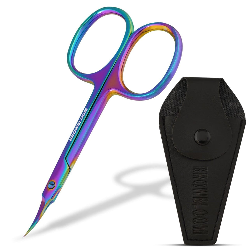 BROWBLOOM precision cuticle scissors in multi-color with curved blades for precise trimming.